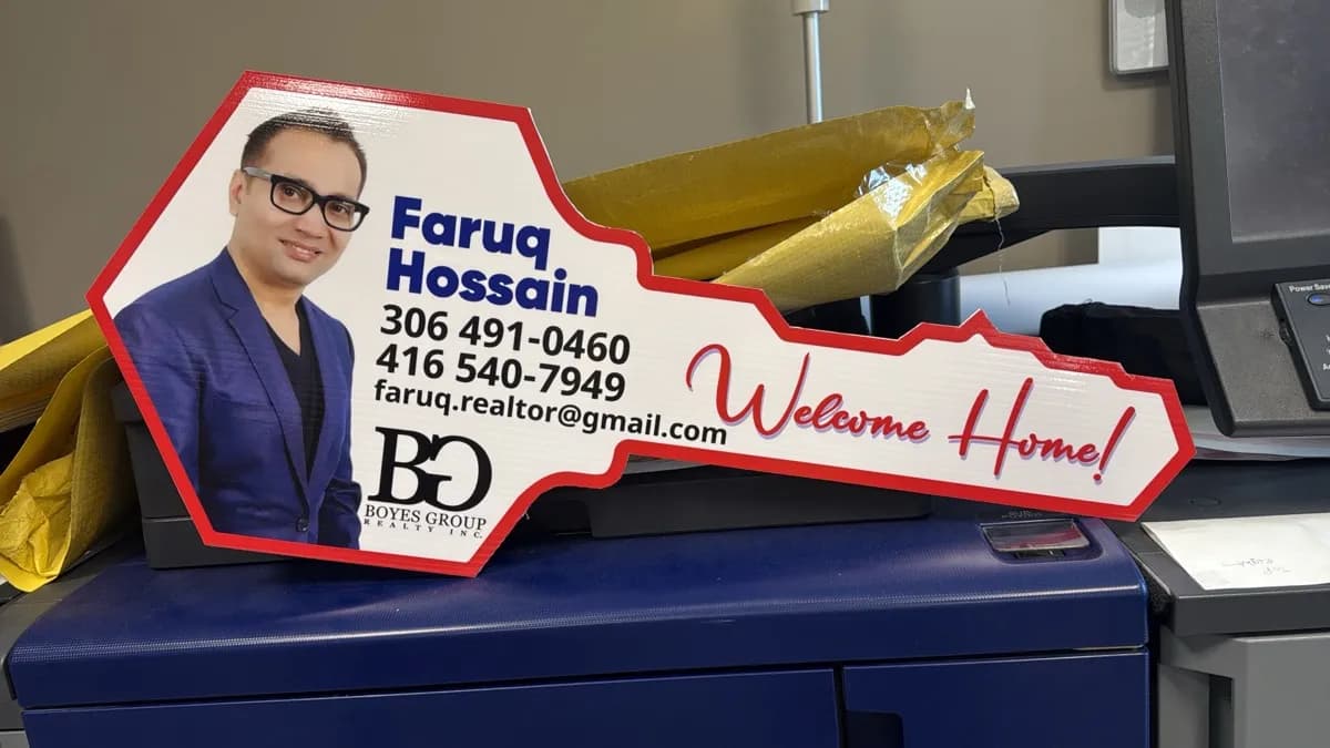Custom key-shaped coroplast sign for Boyes Group Realtor, Saskatoon